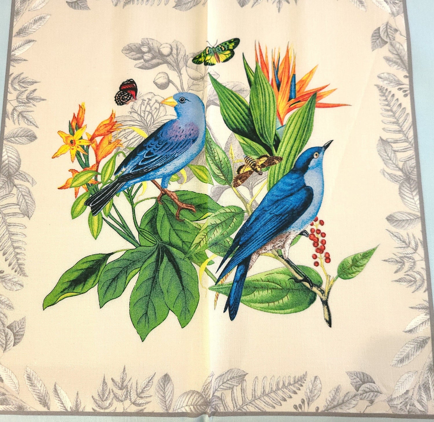 Fabric Panel Secret Escape Exotic Birds and Butterflies Blue 24x44 Elizabeth's Studio