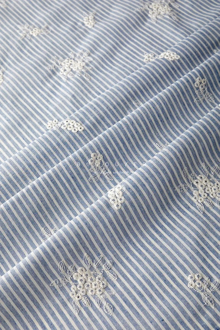 Lightblue Embroidered Polyester Cotton Striped Cloth Fabric
