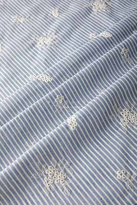 Lightblue Embroidered Polyester Cotton Striped Cloth Fabric
