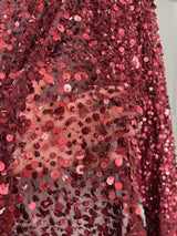 Beaded Sequined Lace Burgundy Mesh