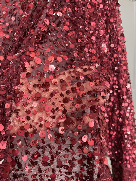GD-05 Sequined Lace Polyester Fabric - Burgundy, Embroidered Net Mesh, 48" Width (1 Yard)