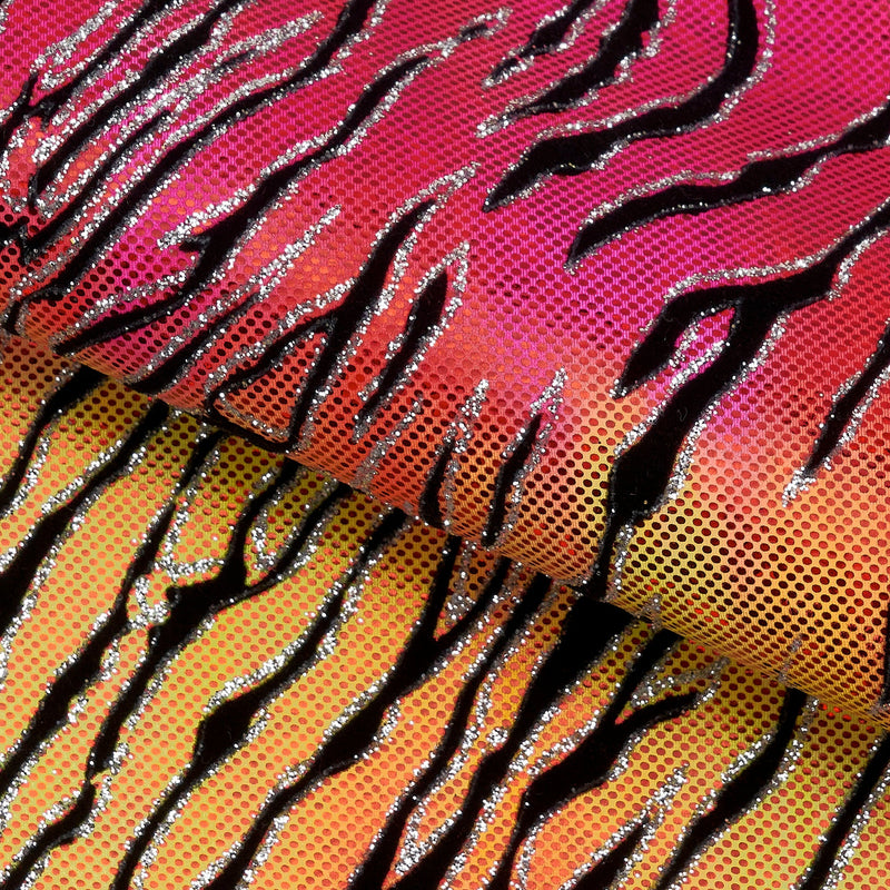 Serengeti Foil Glittered Flocked Stretch Spandex Fabric - Lime/Green, Yellow/Hot Pink, Purple/Hot Pink, 56/58" Width (1 Yard)