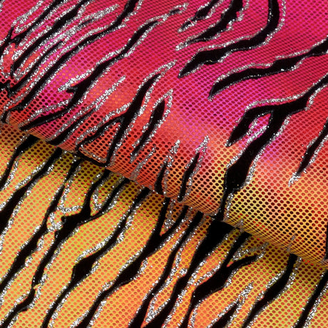 Serengeti Foil Glittered Flocked Stretch Spandex Fabric - Lime/Green, Yellow/Hot Pink, Purple/Hot Pink, 56/58" Width, 4-Way Stretch (1 Yard)