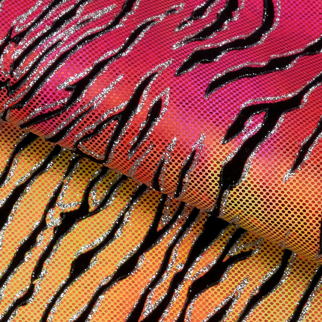 Serengeti Foil Glittered Flocked Stretch Spandex Fabric - Lime/Green, Yellow/Hot Pink, Purple/Hot Pink, 56/58" Width, 4-Way Stretch (1 Yard)