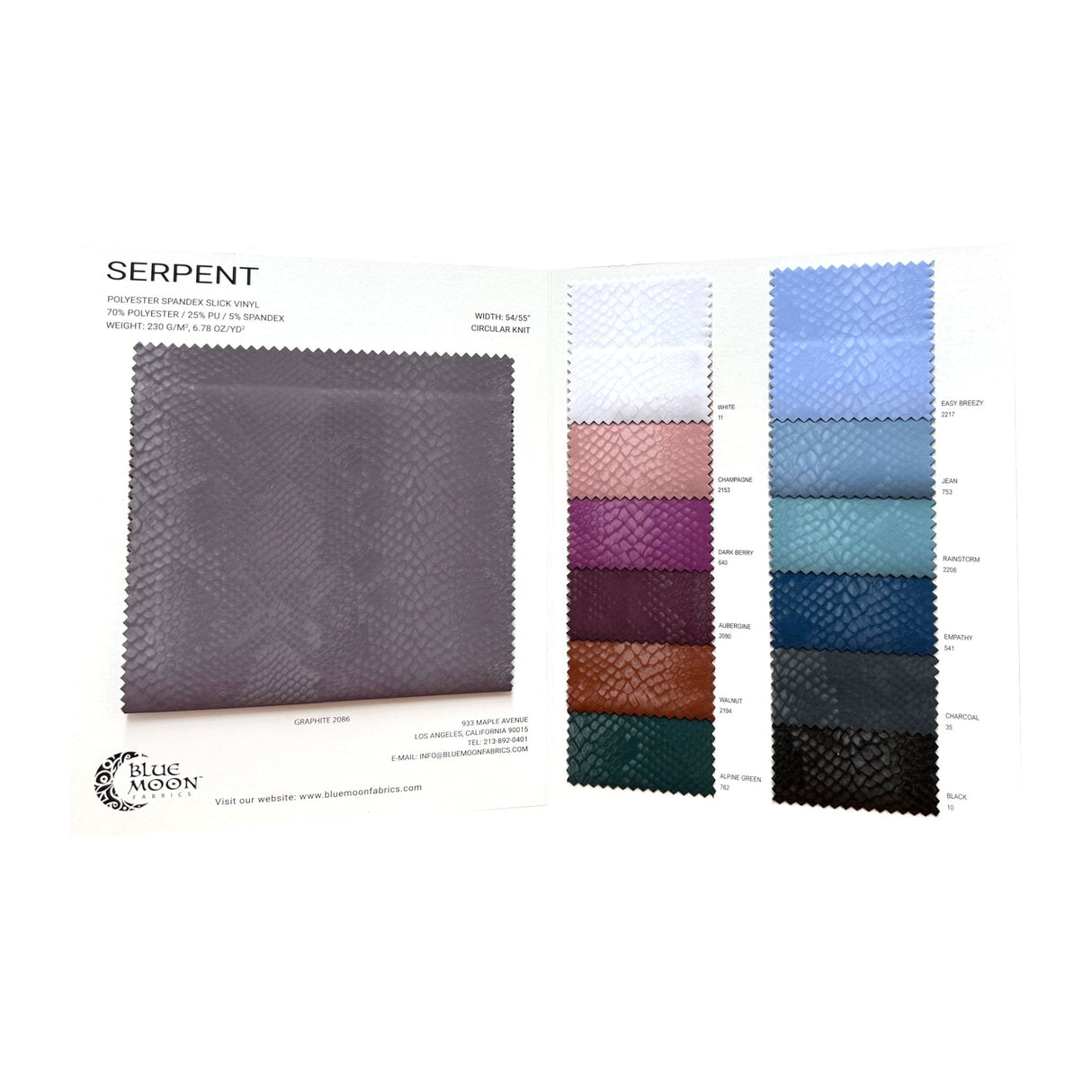 Serpent Polyester Spandex Slick Vinyl Fabric - Color Card, 13 Colors (1 Swatch Card)