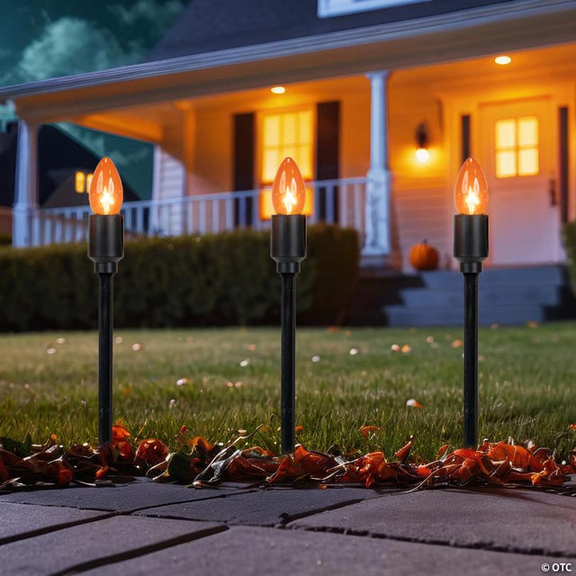 Set of 10 Orange C9 Bulb Halloween Pathway Markers - 8.75' Black Wire