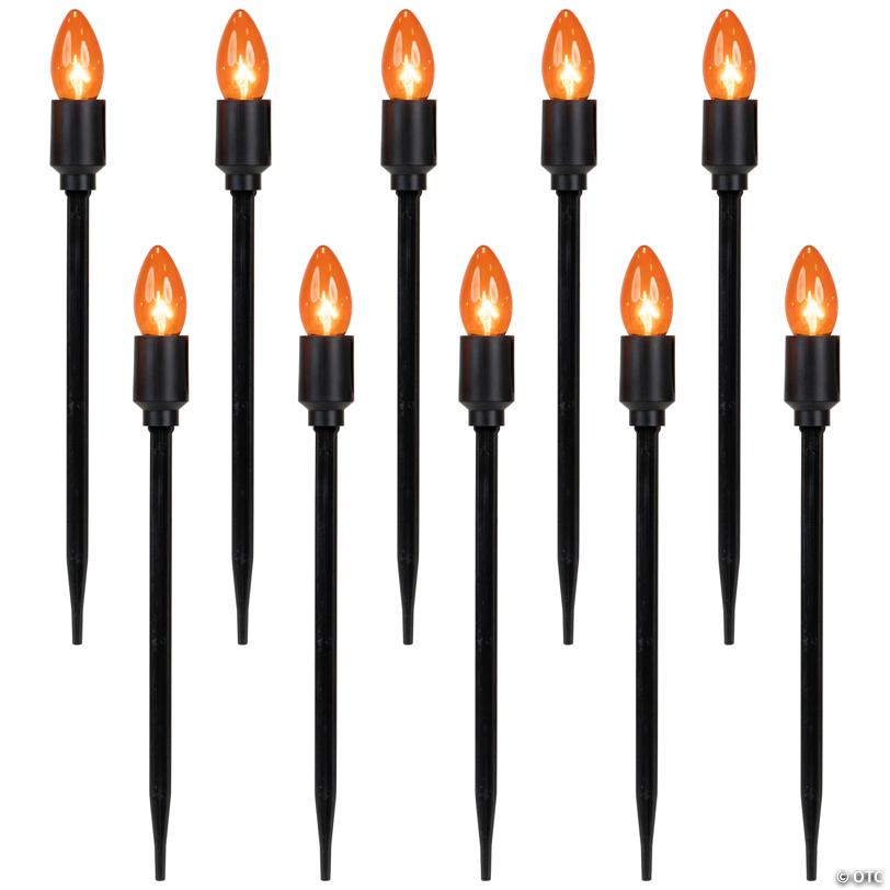 Set of 10 Orange C9 Bulb Halloween Pathway Markers - 8.75' Black Wire