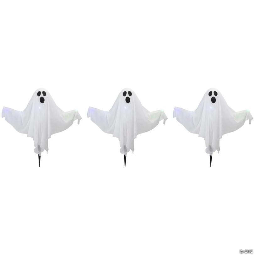 Set of 3 Lighted White Ghost Halloween Lawn Stakes