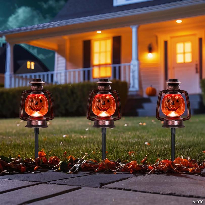 Set of 3 Orange Flickering Halloween Jack O’ Lantern Pathway Markers Outdoor Decor