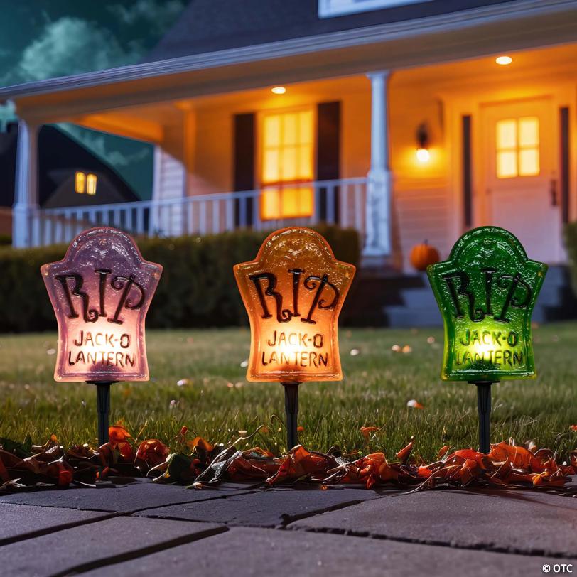 Set of 3 Tombstone Halloween Pathway Markers - 3.5ft Black Wire