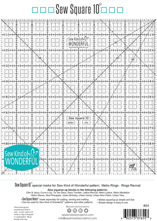 Plastic Quilting Ruler 10in Square Clear