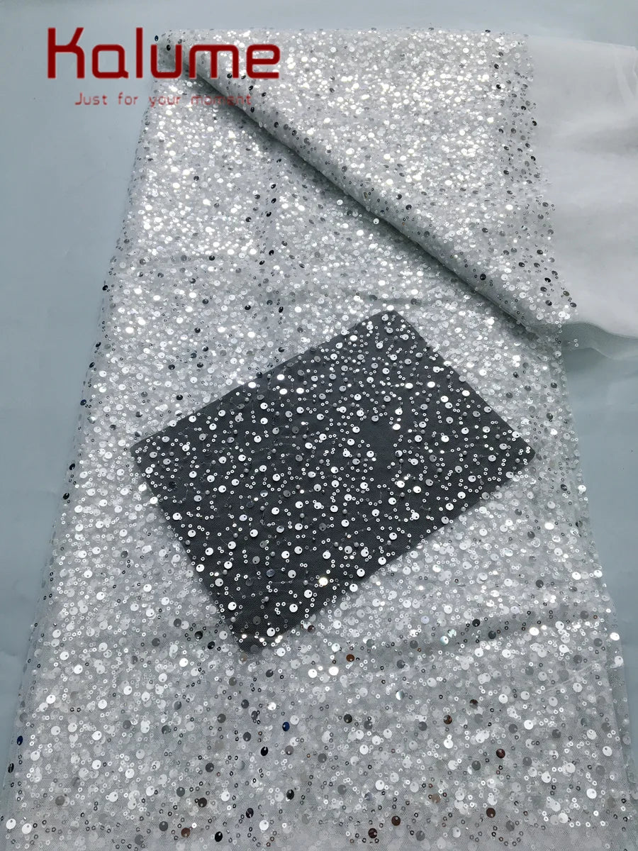 Kalume Nigerian Beaded Embroidery Lace High Quality French Net Sequins Tulle African Lace Fabric for Luxury Wedding Party F3490