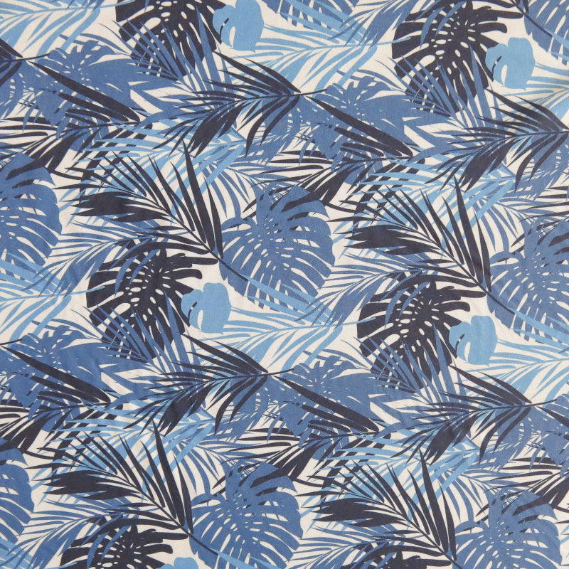 Stretch Boardshort Fabric Shades of Blue Monstera Leaves on Grey 19 Remnant