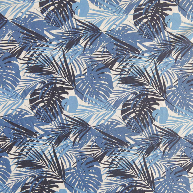 Stretch Boardshort Fabric Shades of Blue Monstera Leaves on Grey 19 Remnant