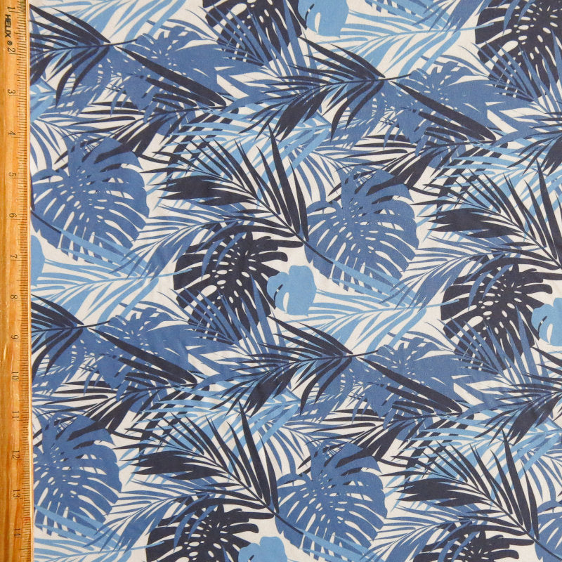 Stretch Boardshort Fabric Shades of Blue Monstera Leaves on Grey 19 Remnant