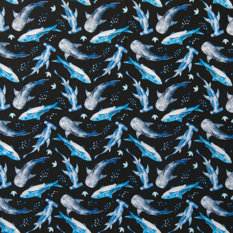 Swim Knit Nylon Spandex Sharks on Black 4-Way Stretch UPF 50+