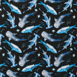 Swim Knit Nylon Spandex Sharks on Black 4-Way Stretch UPF 50+