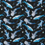 Swim Knit Nylon Spandex Sharks on Black 4-Way Stretch UPF 50+