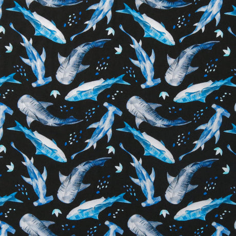 Swim Knit Nylon Spandex Sharks on Black 4-Way Stretch UPF 50+