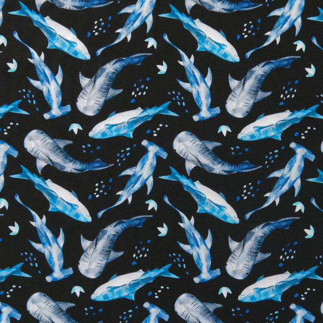 Swim Knit Nylon Spandex Sharks on Black 4-Way Stretch UPF 50+