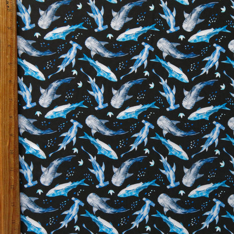 Swim Knit Nylon Spandex Sharks on Black 4-Way Stretch UPF 50+