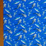 Swim Knit Nylon Spandex Sharks on Royal Blue