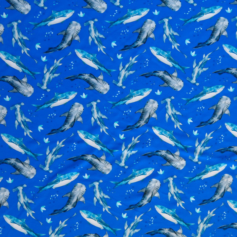 Swim Knit Nylon Spandex Sharks on Royal Blue