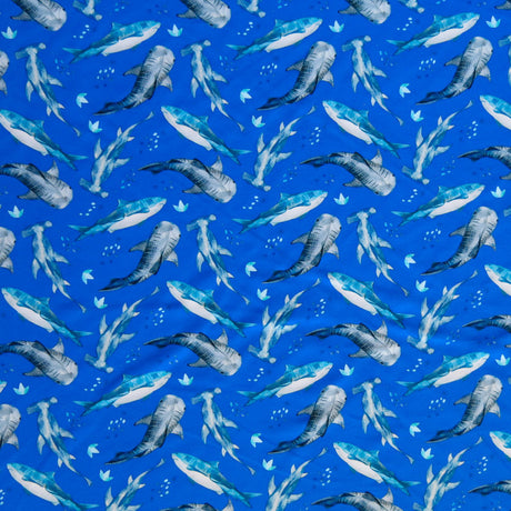 Swim Knit Nylon Spandex Sharks on Royal Blue