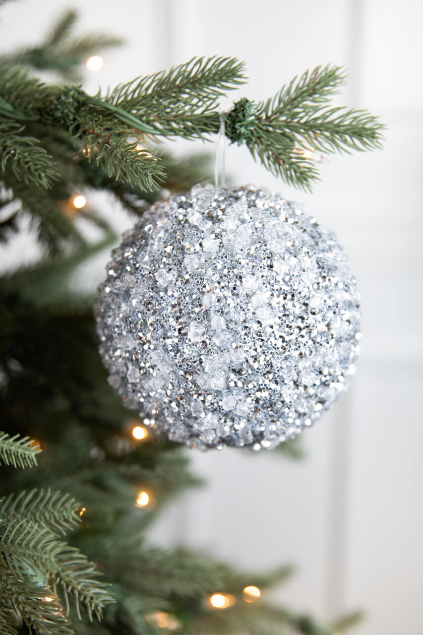 5.5" Diamond Ice Bead Ball Ornament - Silver