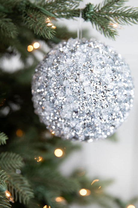 5.5" Diamond Ice Bead Ball Ornament - Silver