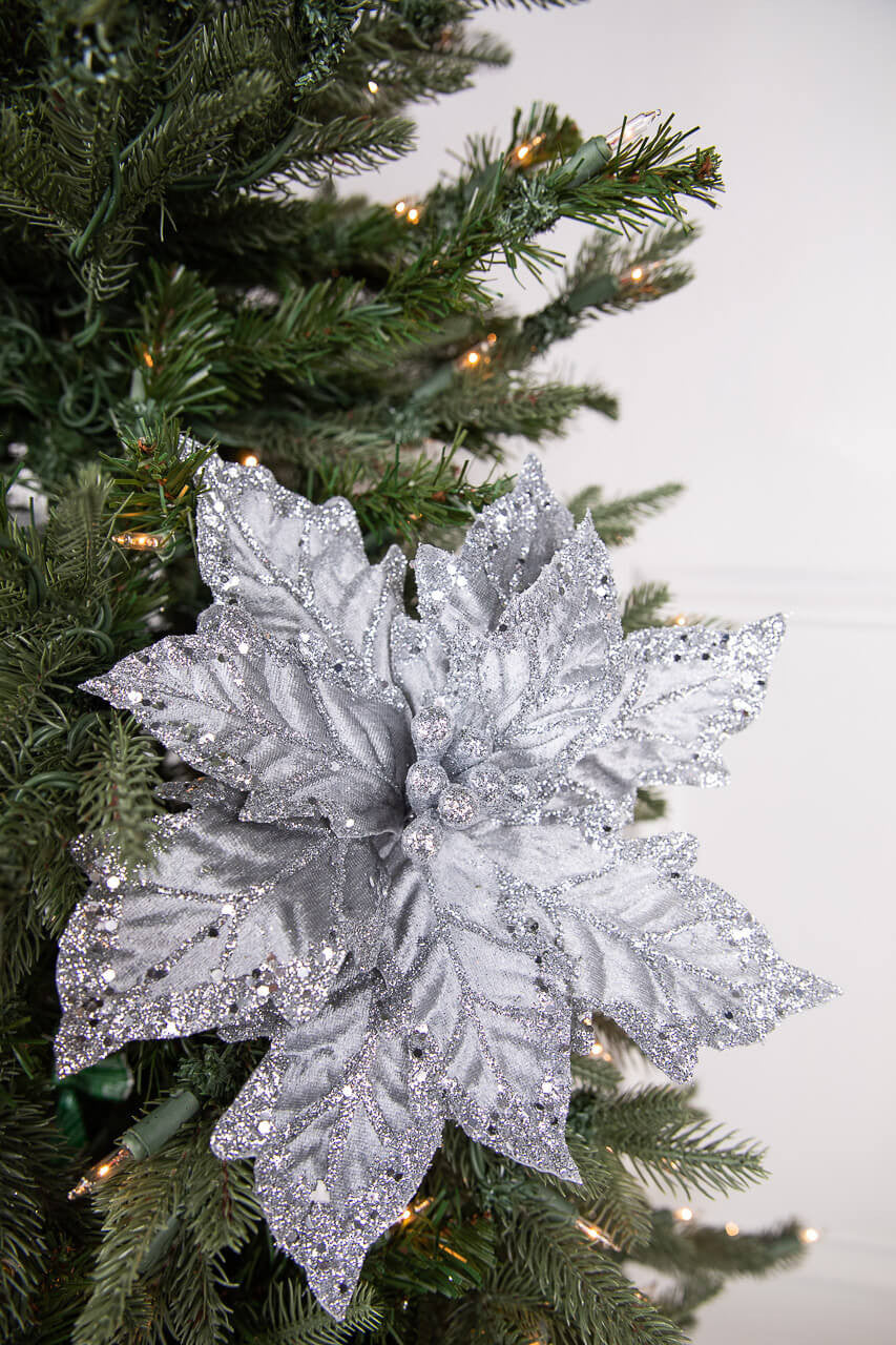 24 Inch x 12 Inch Leafy Silver Poinsettia Stem – Statement Luxury Sparkle for Designer Holiday Décor