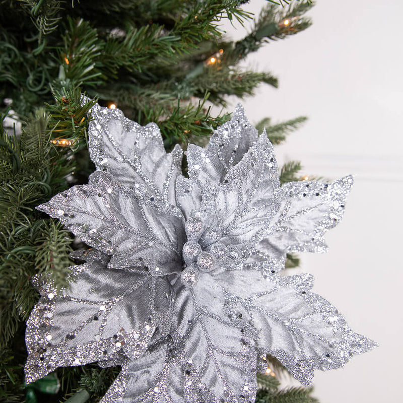 24" x 12" Leafy Silver Poinsettia Stem