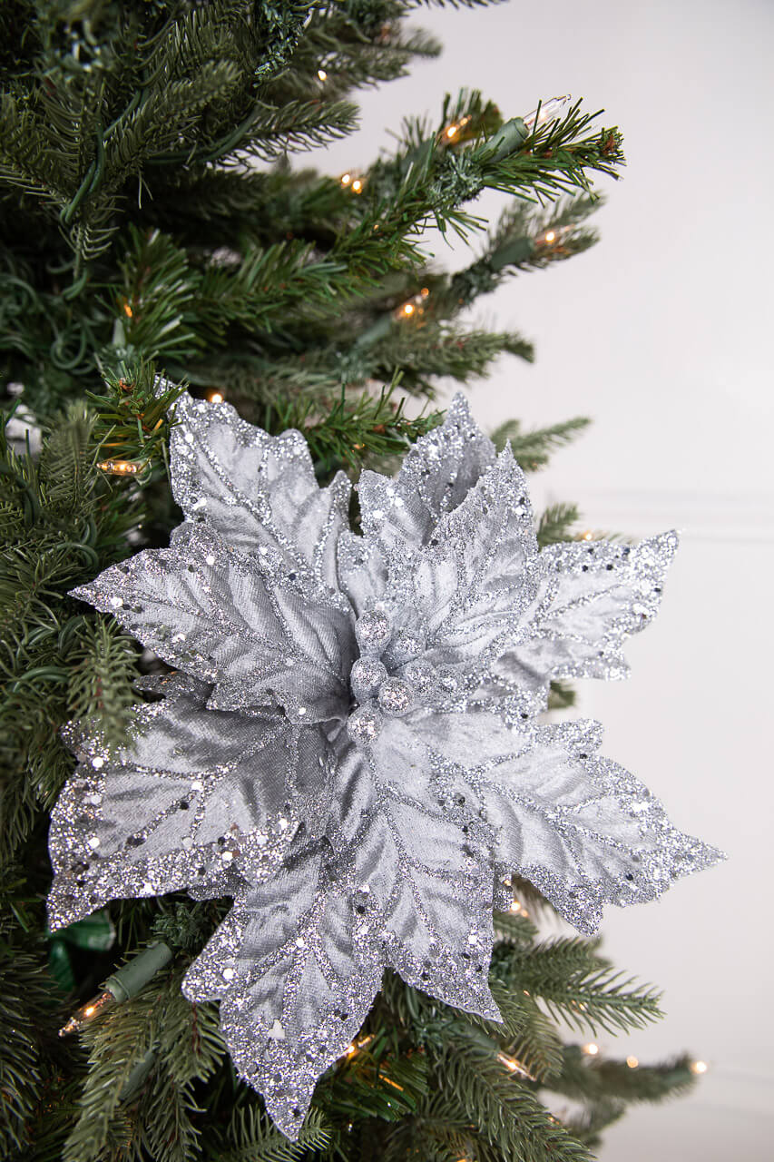 24" x 12" Leafy Silver Poinsettia Stem