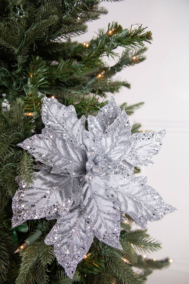 24" x 12" Leafy Silver Poinsettia Stem