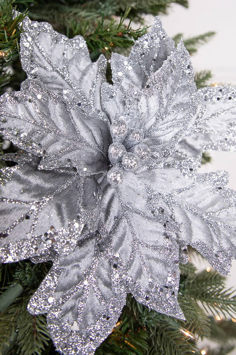 24" x 12" Leafy Silver Poinsettia Stem