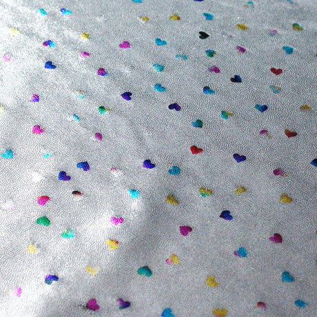 Matrix Foil Hearts Nylon Spandex Fabric - Silver Multi Rainbow Hearts, Hologram Foil, 58/60" Width (1 Yard)