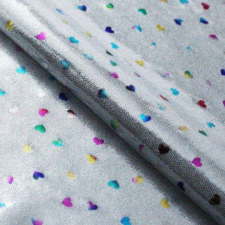 Matrix Foil Hearts Nylon Spandex Fabric - Silver Multi Rainbow Hearts, Hologram Foil, 58/60" Width (1 Yard)