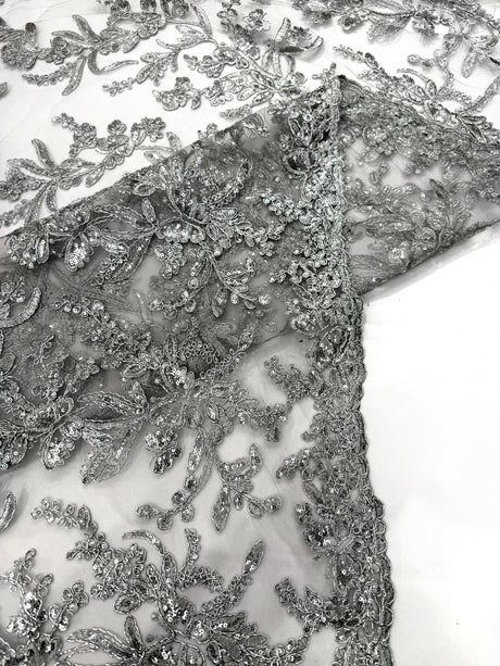 Butterfly Corded Lace Fabric - Butterfly Embroidery, Metallic Sequins, 54" Width (1 Yard)