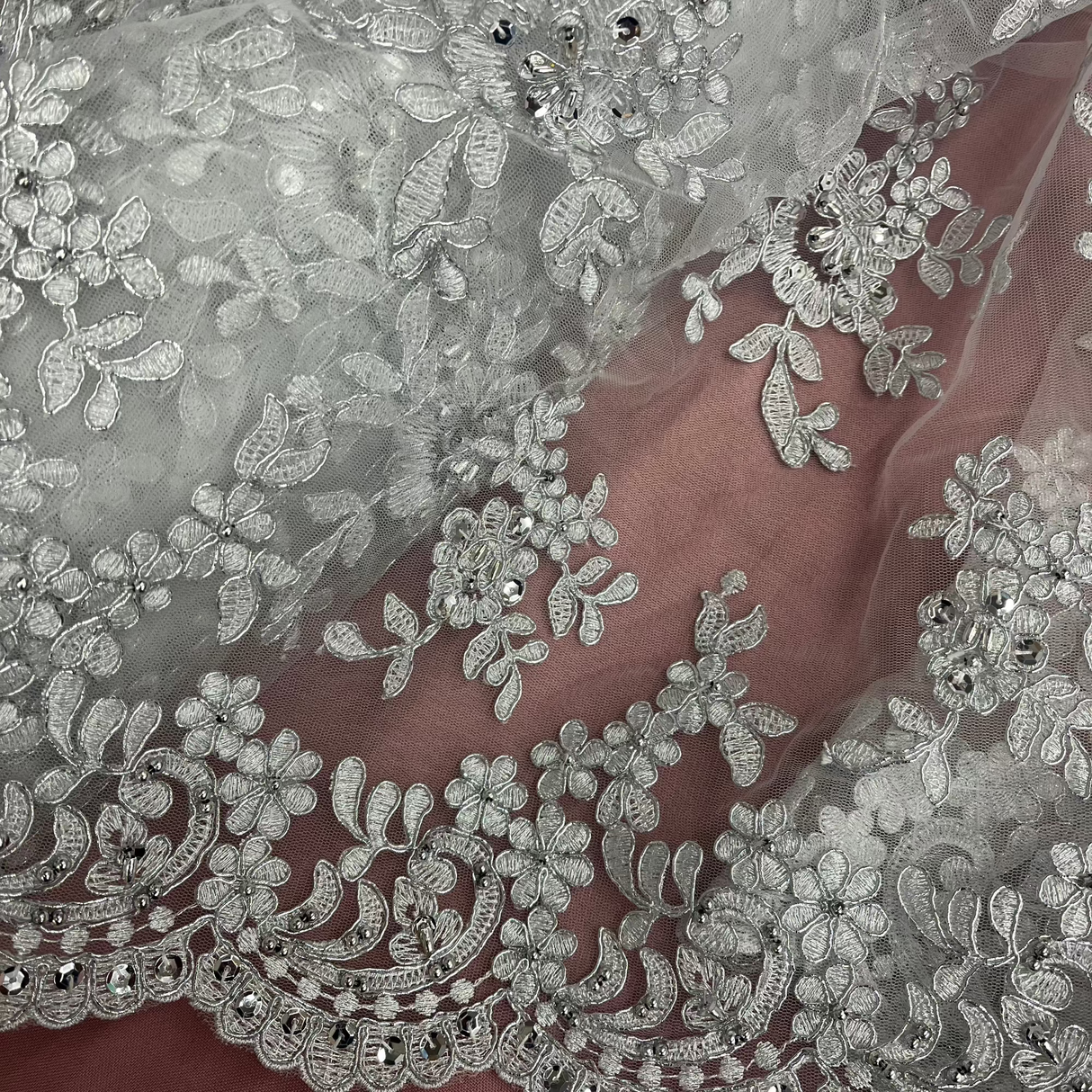 Beaded Corded Floral Lace Fabric 52" Scalloped Edges