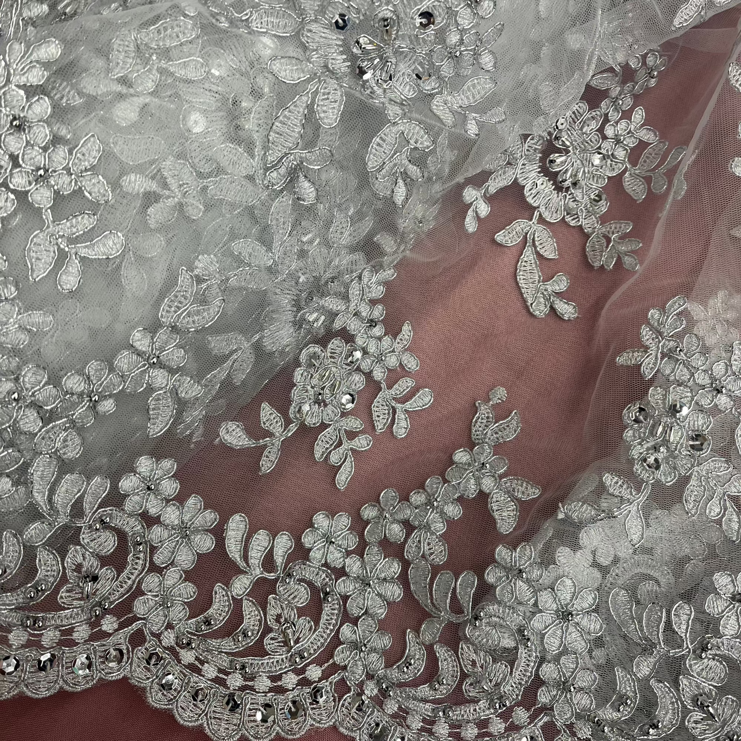 Beaded Corded Lace Fabric - Floral Design, Scalloped Edges, 52" Width (1 Yard)