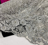 Beaded Lace Fabric - Embroidered 100 Percent Polyester Net Mesh, Floral Baroque Scalloped Edge, 52" Width (1 Yard)