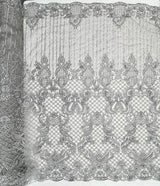 Beaded Lace Fabric - Embroidered 100 Percent Polyester Net Mesh, Floral Baroque Scalloped Edge, 52" Width (1 Yard)