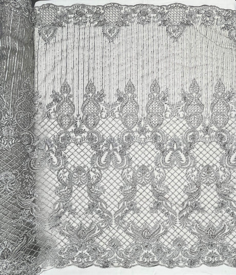 Beaded Lace Fabric - Embroidered 100 Percent Polyester Net Mesh, Floral Baroque Scalloped Edge, 52" Width (1 Yard)