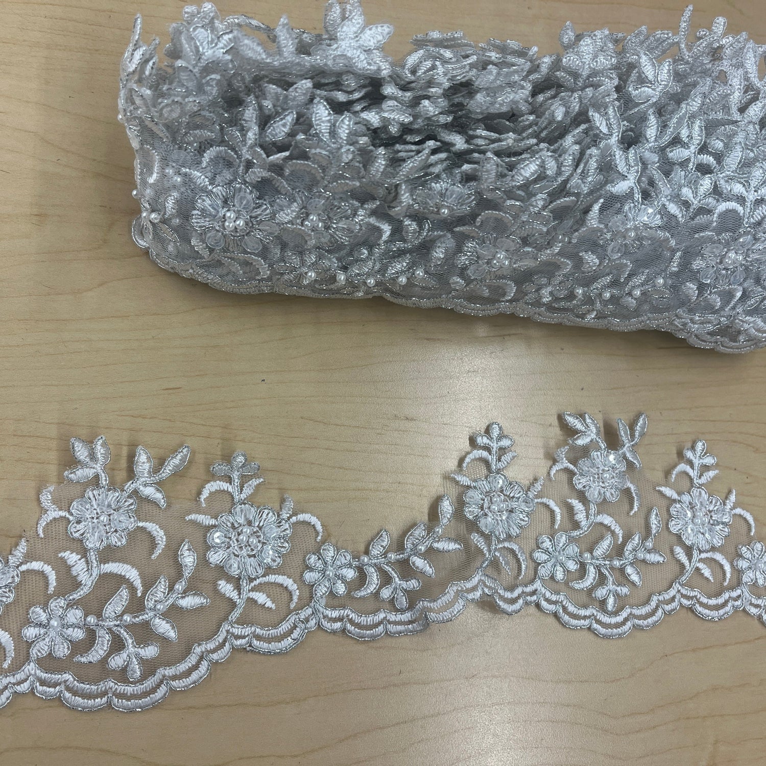 Embroidered Beaded Lace Trim White Silver