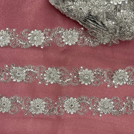Beaded Corded Lace Trim on Polyester Net Mesh