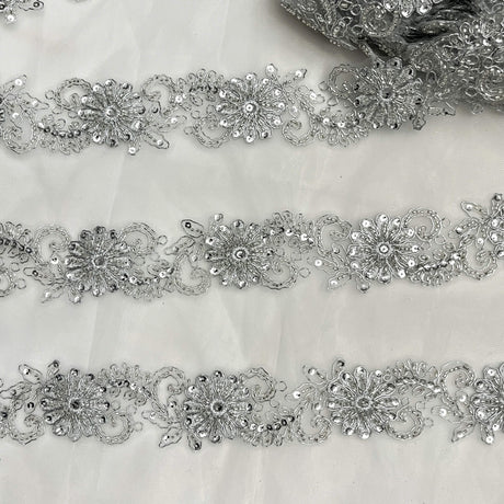 Beaded Corded Lace Trim on Polyester Mesh