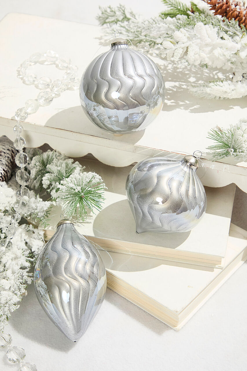 5"- 6" Silver Pearlescent Glass Ornament