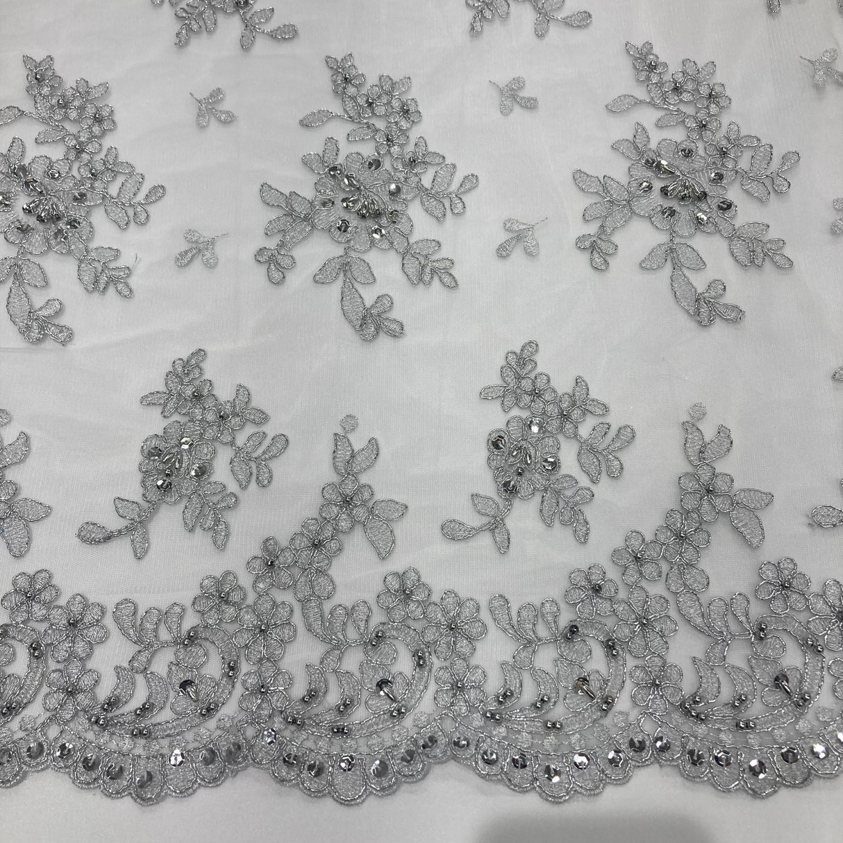 Beaded Corded Lace Fabric - Floral Design, Scalloped Edges, 52" Width (1 Yard)