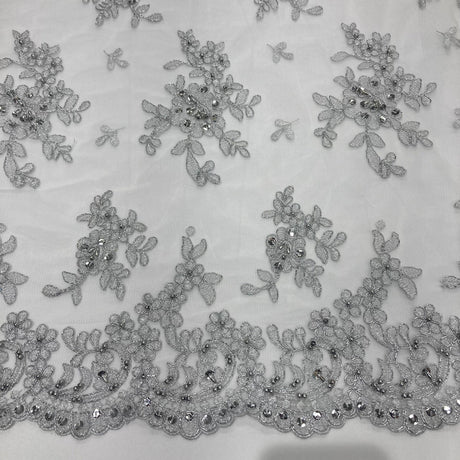 Beaded Corded Floral Lace Fabric 52" Scalloped Edges