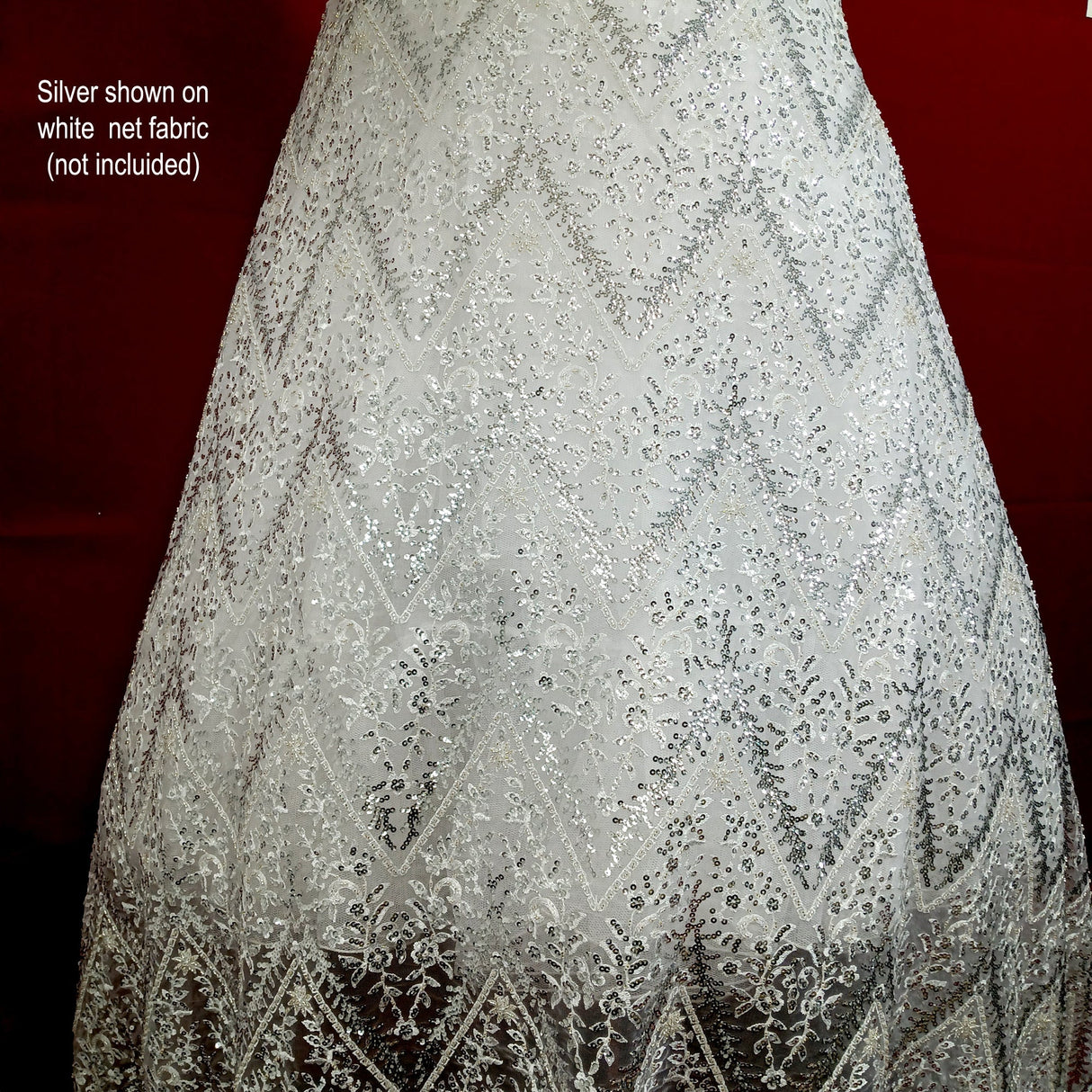 Beaded Sequined Lace Fabric - Embroidered 100 Percent Polyester Net Mesh, Gold, Ivory, Silver, White, 52" Width (1 Yard)